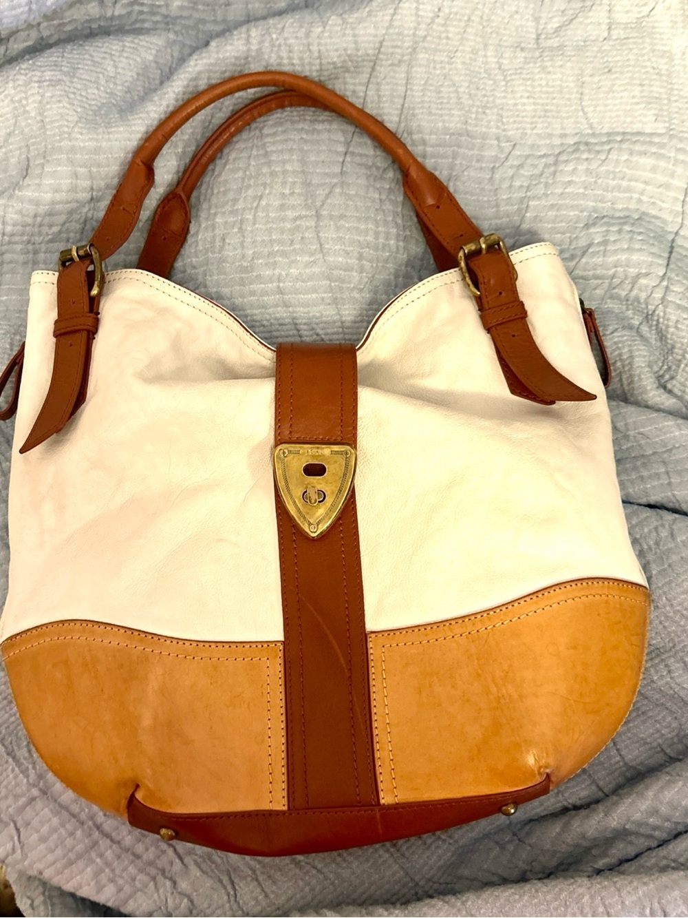 Brooks Brothers Cream and Tan Leather Hobo with Gold-Tone Accent